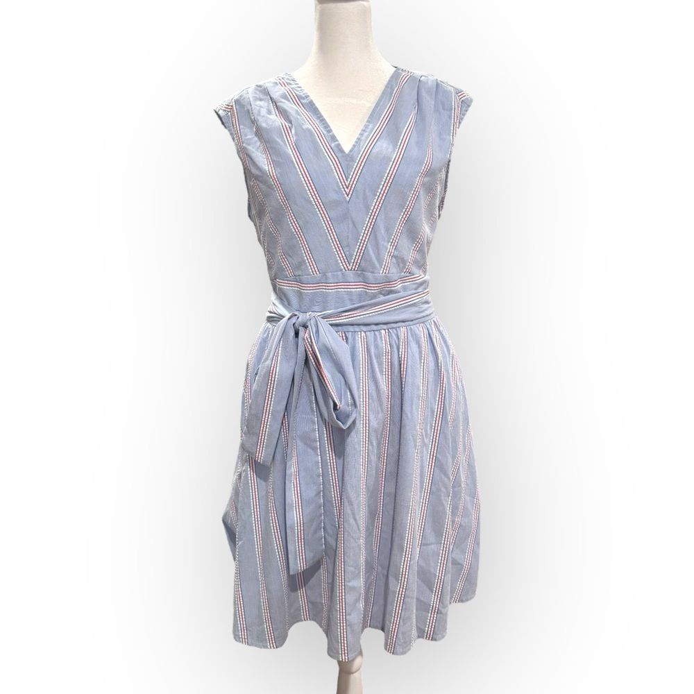 Vineyard Vines Striped Fit & Flare Dress – Light Blue Red White – Size 12 - Picture 2 of 7